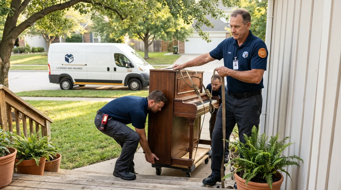 Licensed piano movers securing grand piano in Enon, OH