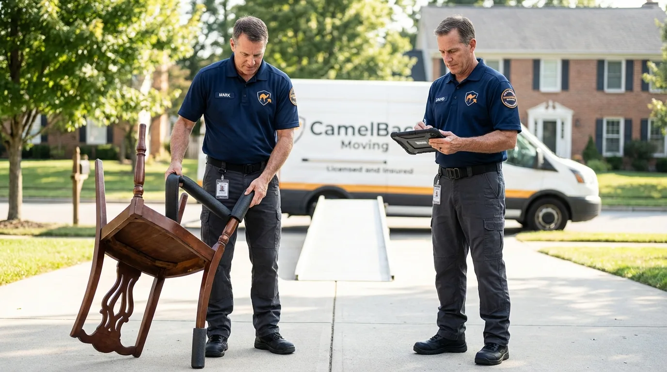 Movers inspecting furniture for damage prevention before loading in Enon, OH