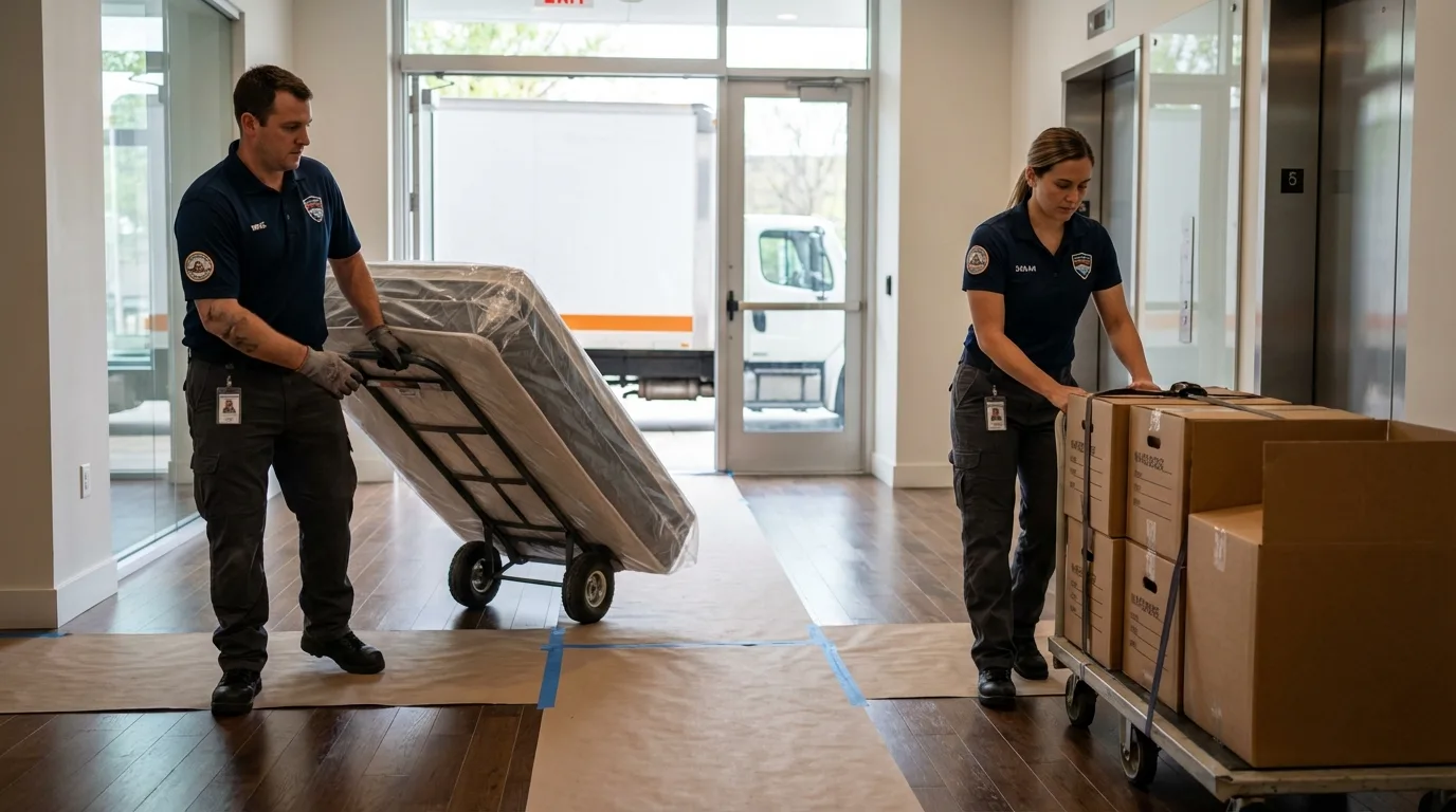 Professional apartment movers loading elevator in Enon, OH